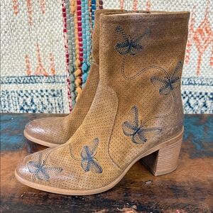 Butterfly embroidered perforated tan leather ankle boots. New from Sundance.